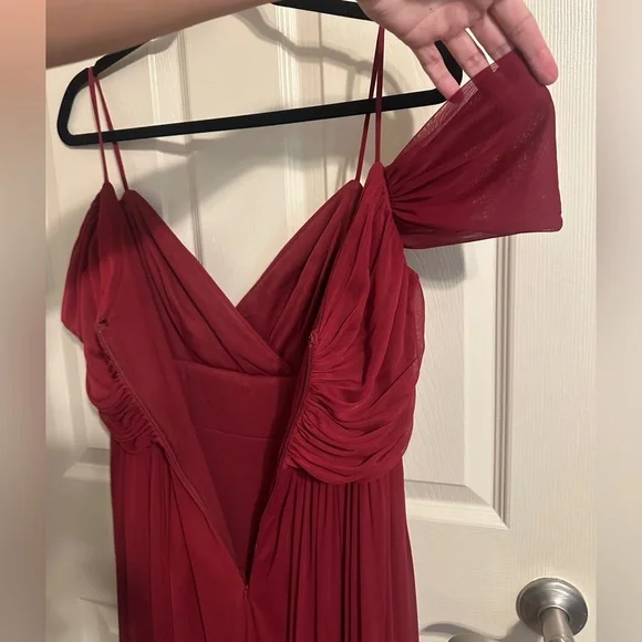 ALFRED SUNG D743 Ruched V-Neck Cold Shoulder Maxi Dress w Slit, Burgundy, Sz 2 - Picture 10 of 15